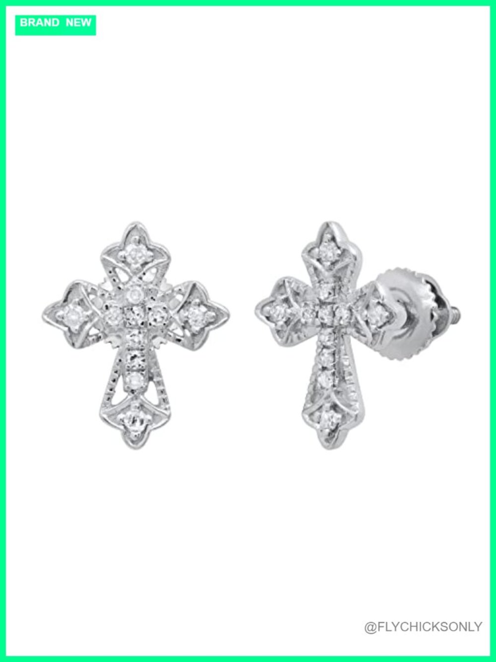Sterling Silver Round Diamond Cross Stud Earrings Screw Back